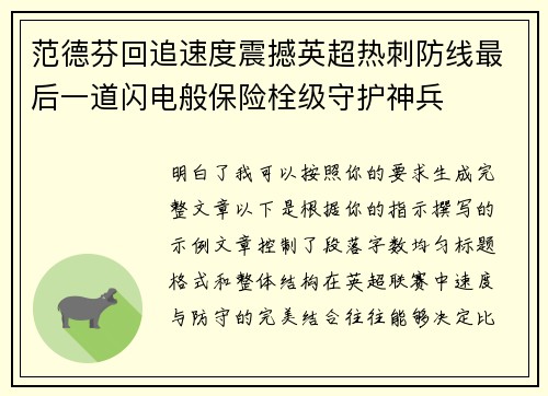 范德芬回追速度震撼英超热刺防线最后一道闪电般保险栓级守护神兵